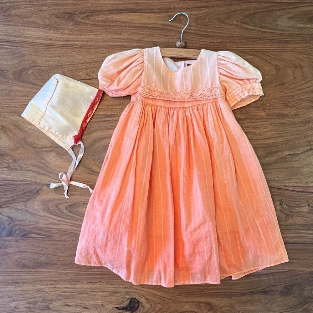 Custom Dyed Orange Ombre Dress with Lace Trim, Wide Sash & Bonnet